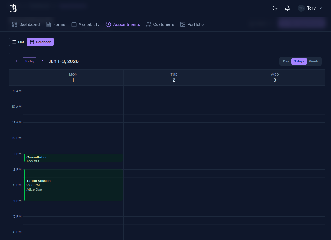 Appointments calendar in 3-day view with confirmed bookings