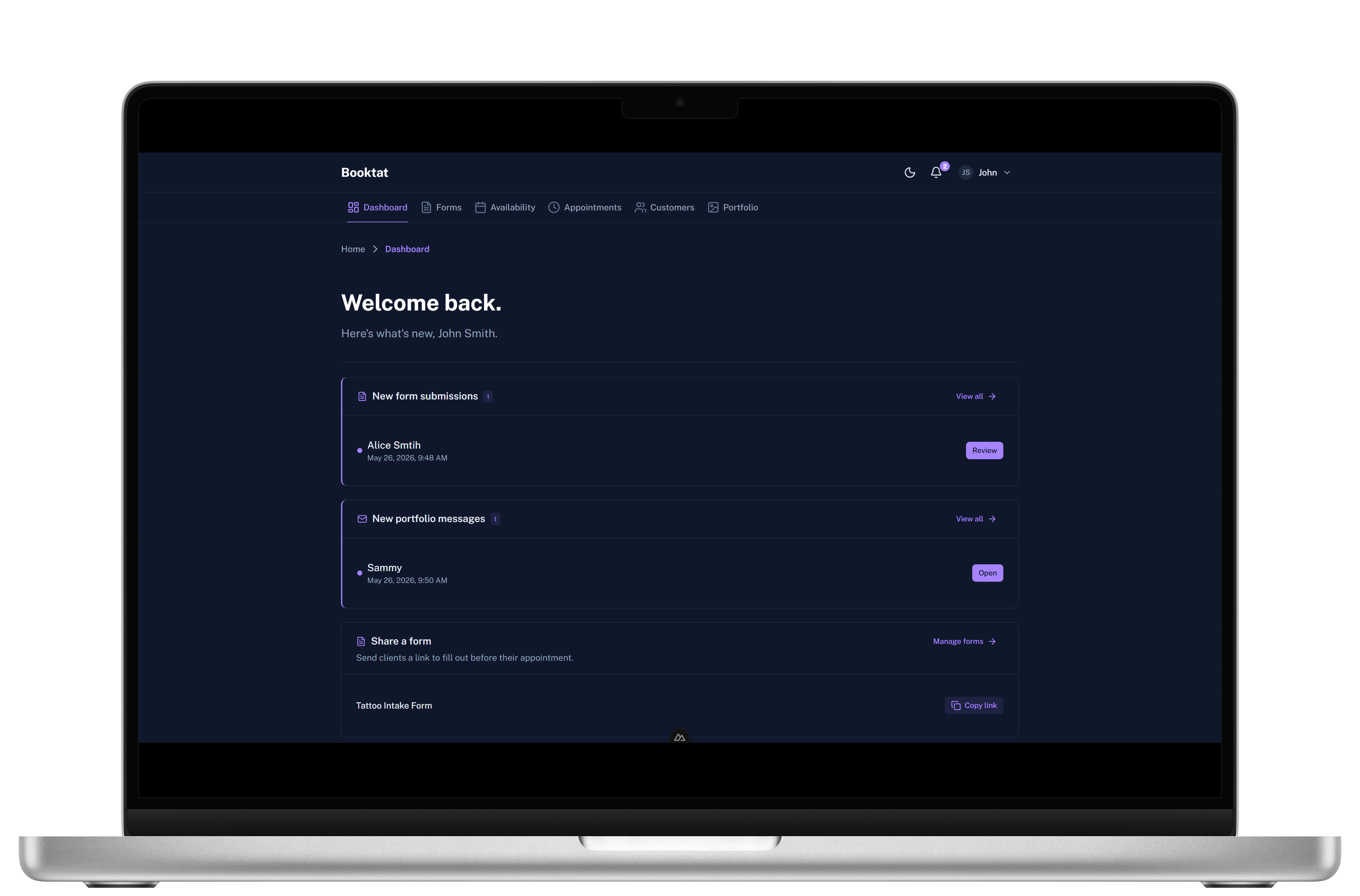 Booktat dashboard on desktop