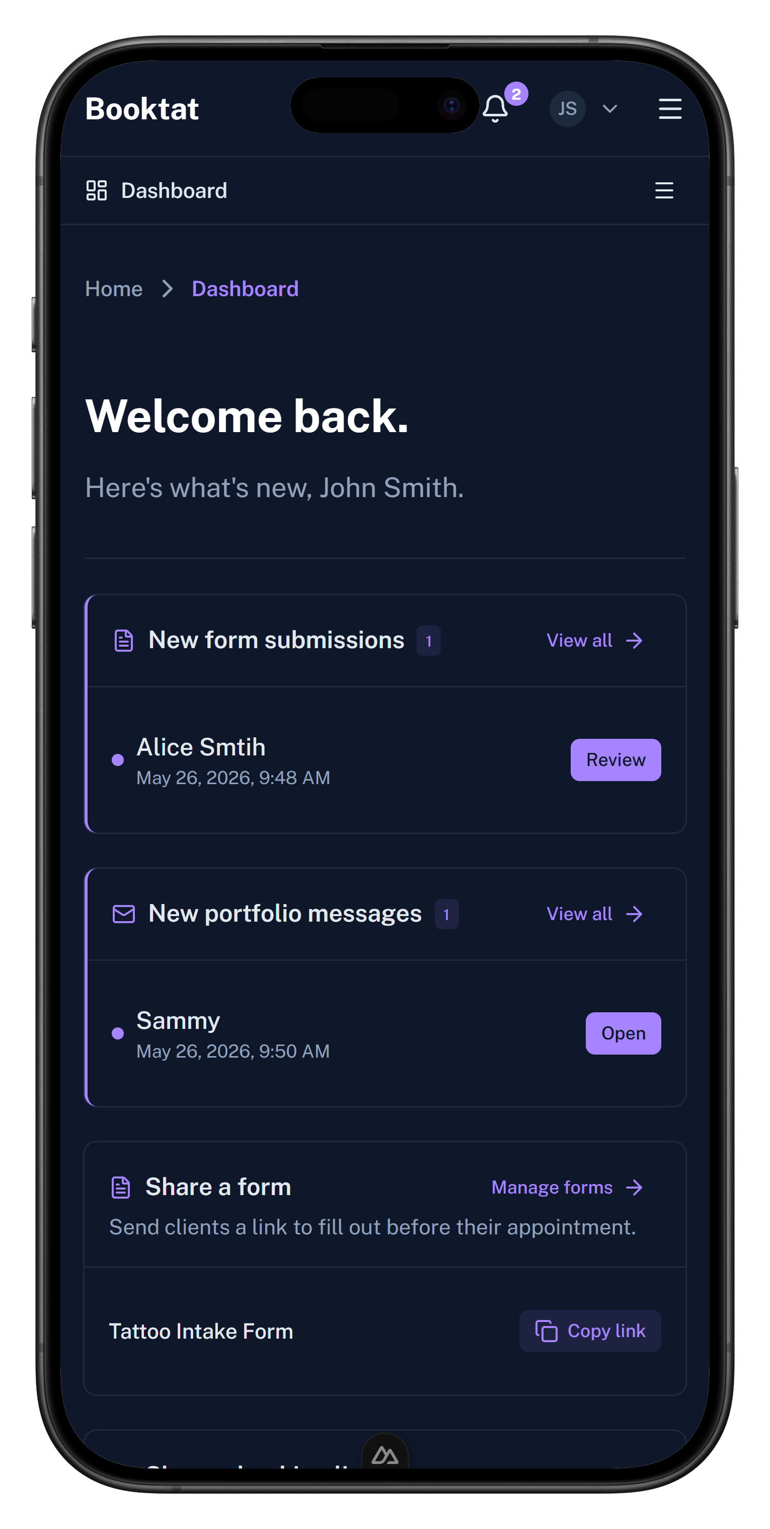Booktat dashboard on mobile