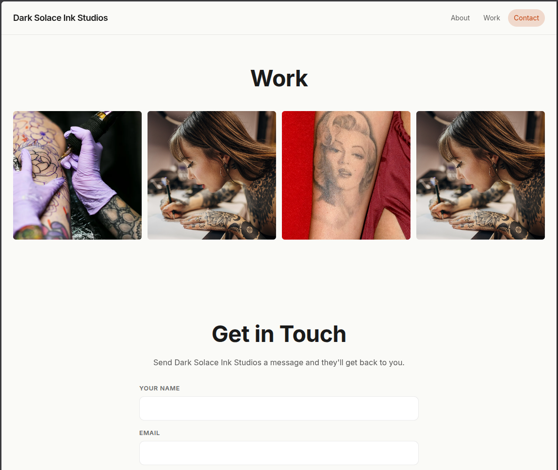 Public portfolio page with gallery and contact form