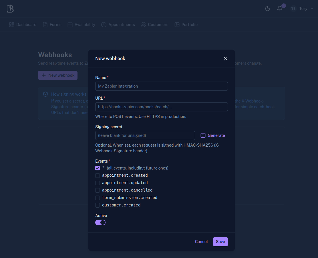 Webhook settings UI with endpoints and event subscriptions